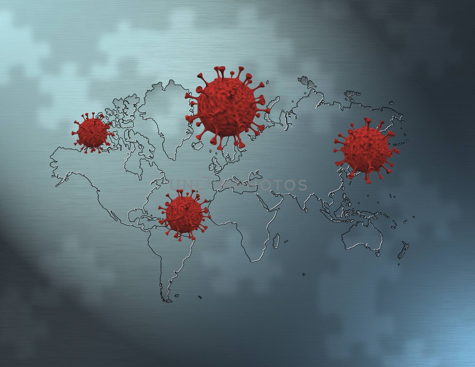 Covid molecules and world map. Puzzle background. 3D rendering