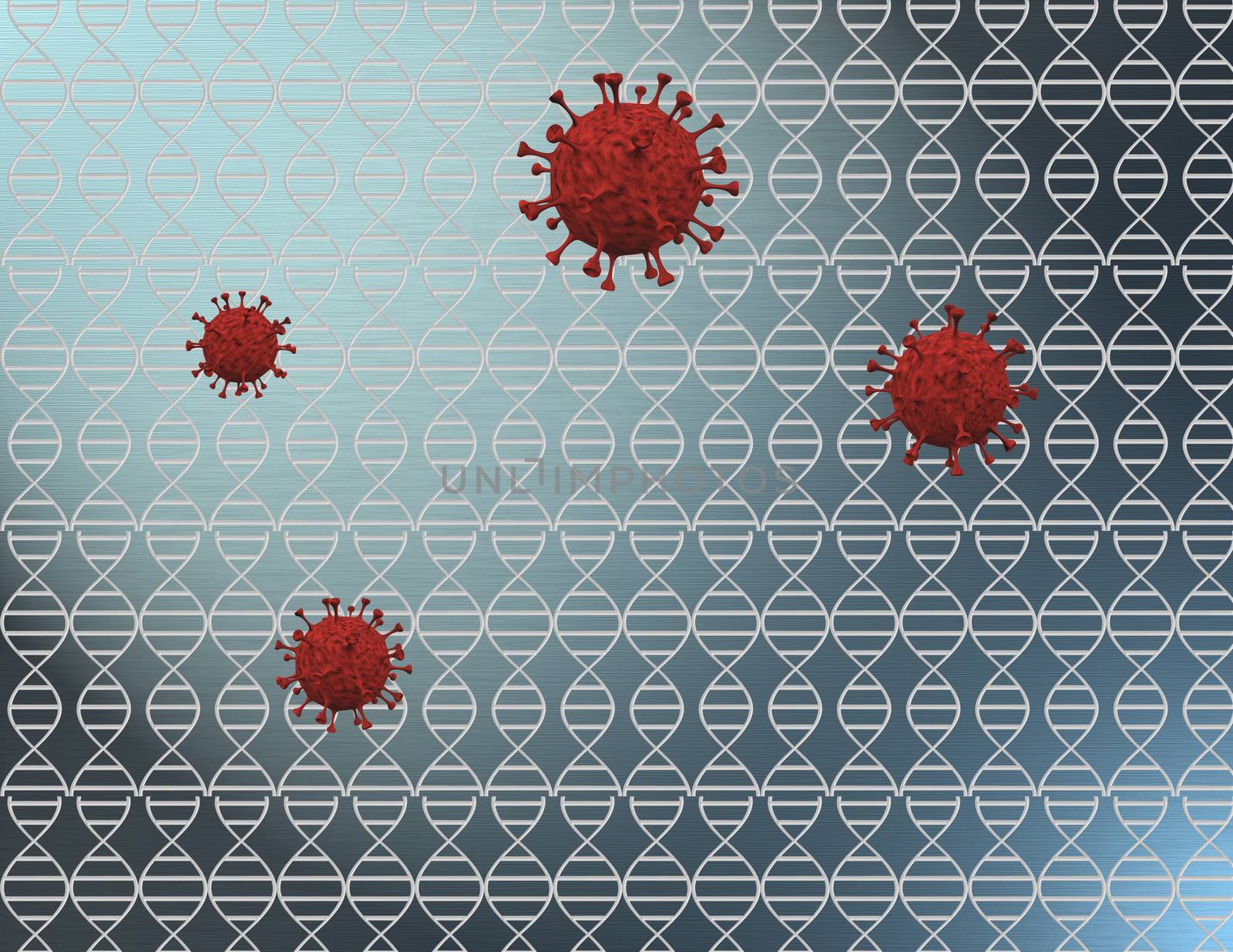 Covid and DNA strands. 3D rendering