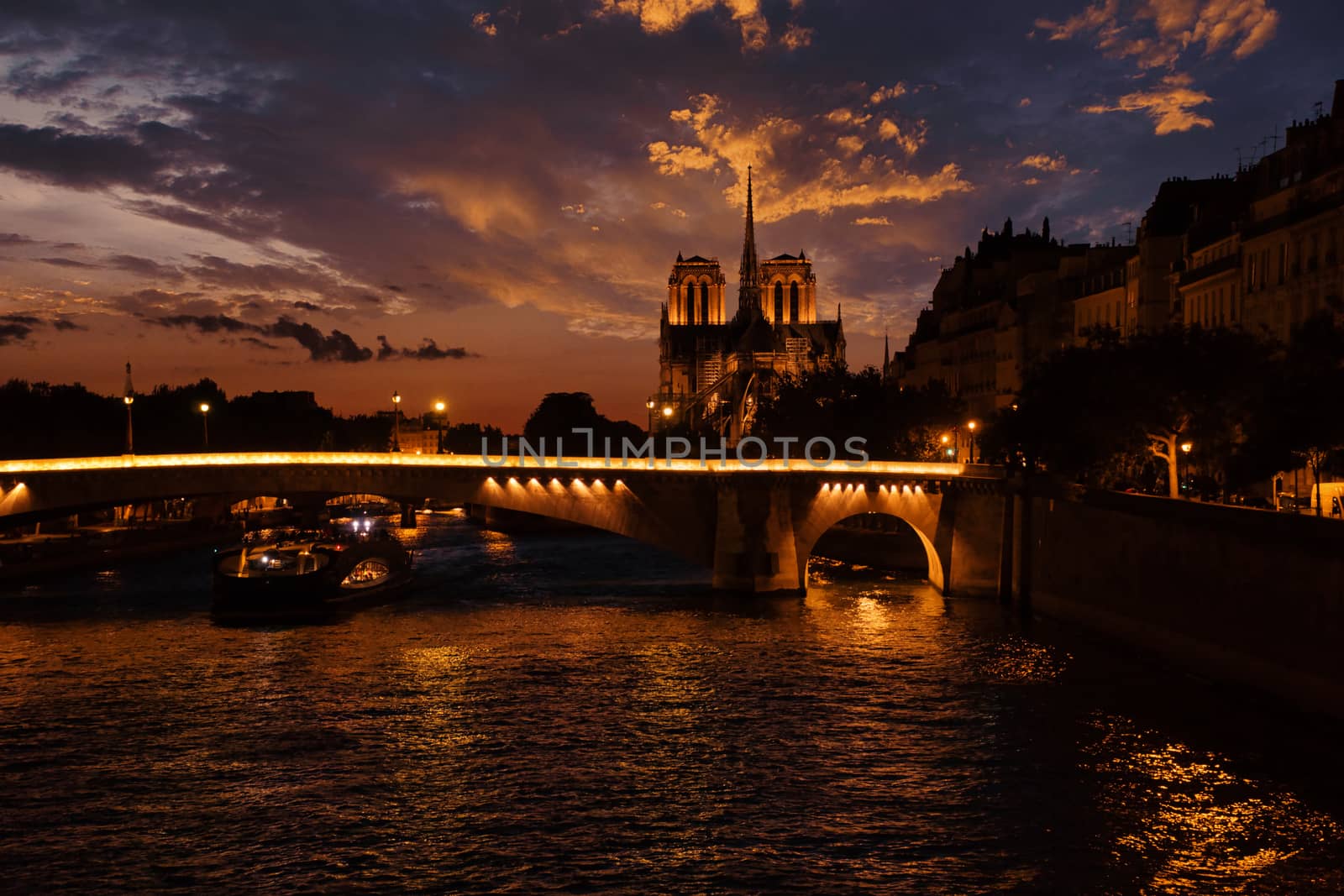 View of the embankment of the Seine River and Notre Dame de Paris at sunset by Shagalkina