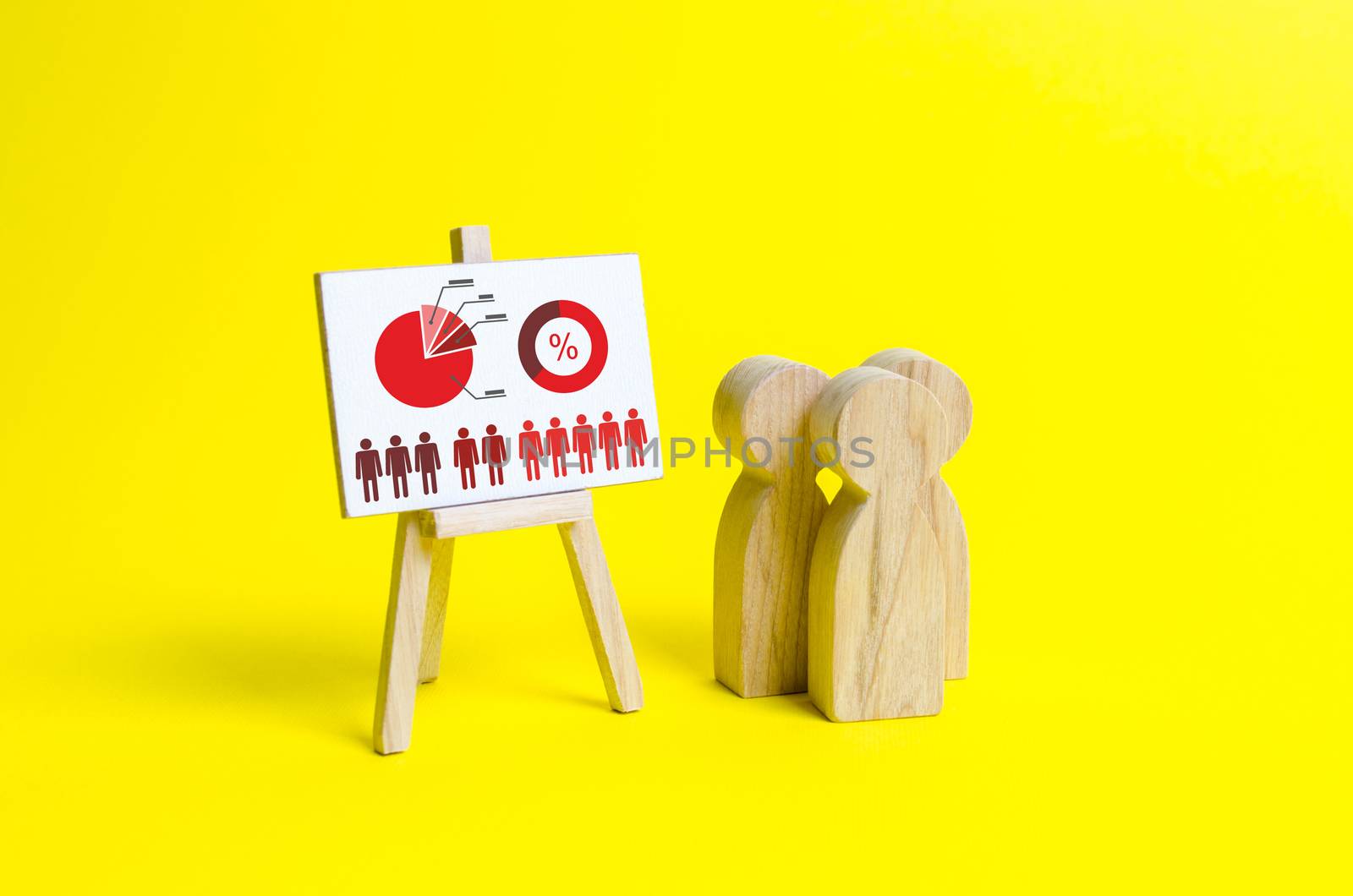 people are standing near the canvas with informative graphics. Presentation of information on income and expenses, the achievement of business goals and the structure of budget. Business plan