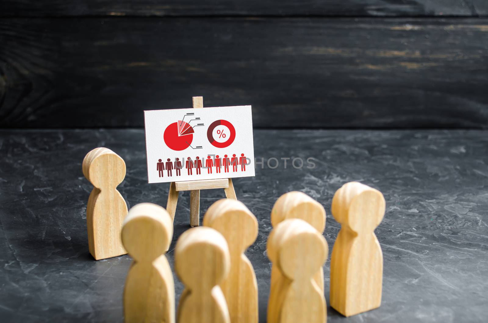 People gathered for a meeting and look at the speech of the leader. Business analytics and planning. Market research and marketing, consumer preferences and behavior research. Selective focus