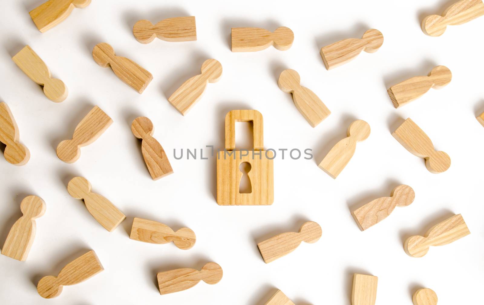 People and padlock on a white background. Safety and alarm system. Security service. Security and safety, collateral, loan for a mortgage. Confiscation of property for debts. Protection of society