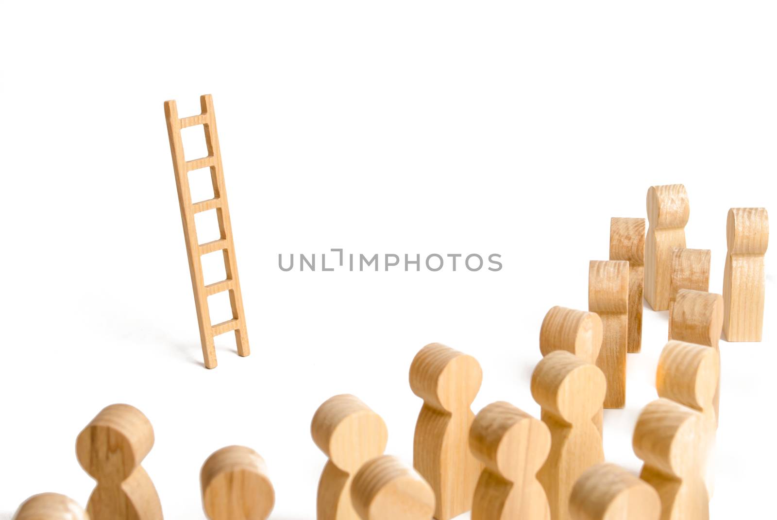 Group of people looking at the ladder. career ladder. Promotion at work, business, self-development, leadership skills, social elevator, social rating system. minimalism, anomaly. Alternative option,