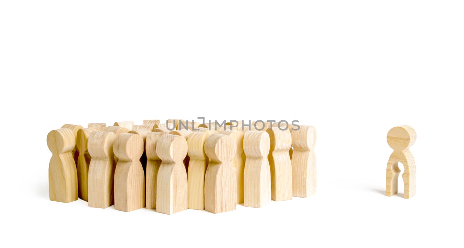 Large group of people community looks at the figure of a woman with an emptiness in the form of a child in her body. concept of infertility, the loss of a child and rejection of a social group society