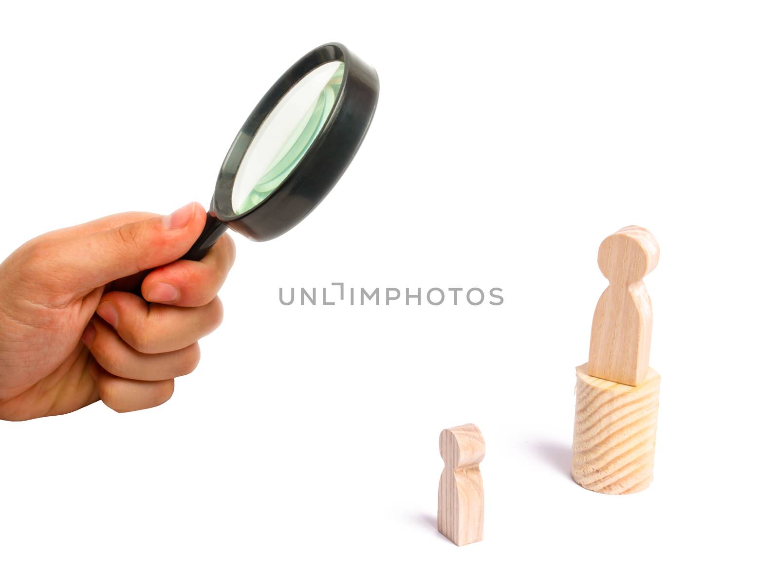 Magnifying glass is looking at the men stands on the podium and broadcasts his thoughts and ideas to listeners. The person gives orders, the leader, the boss.