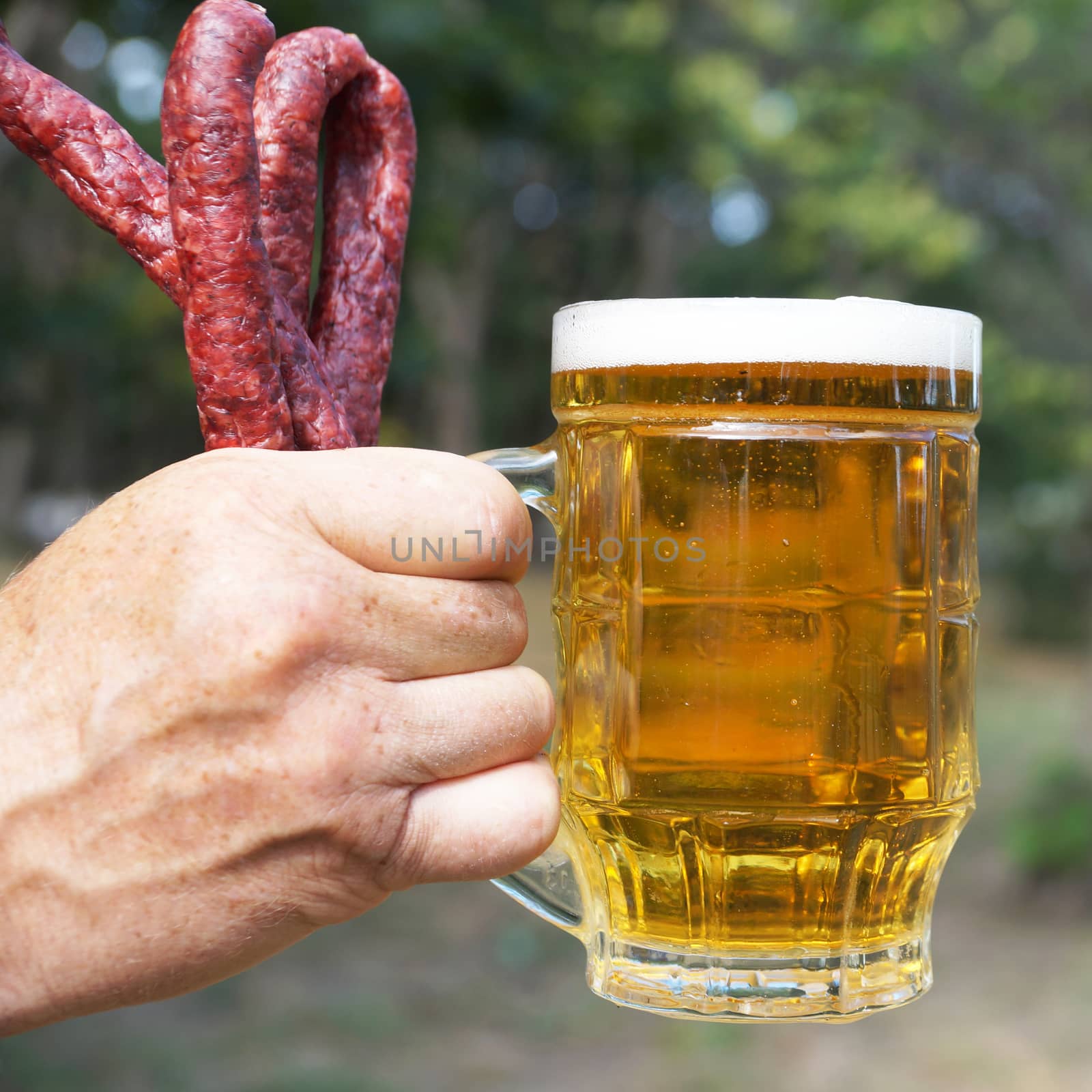 glass mug with beer and sausages in a man's hand on the background of nature by Annado