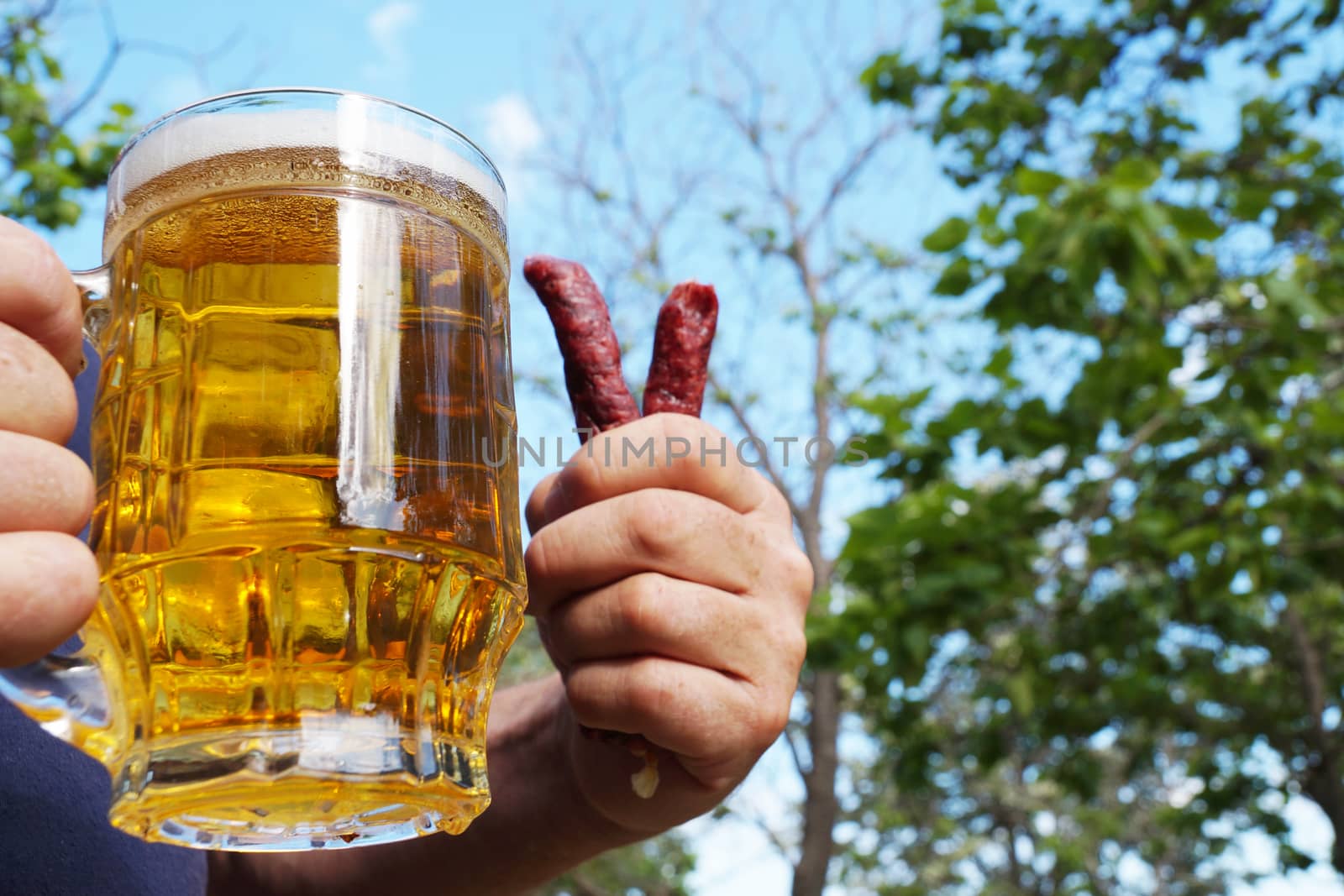 glass mug with beer and sausages in a man's hand on the background of nature close up