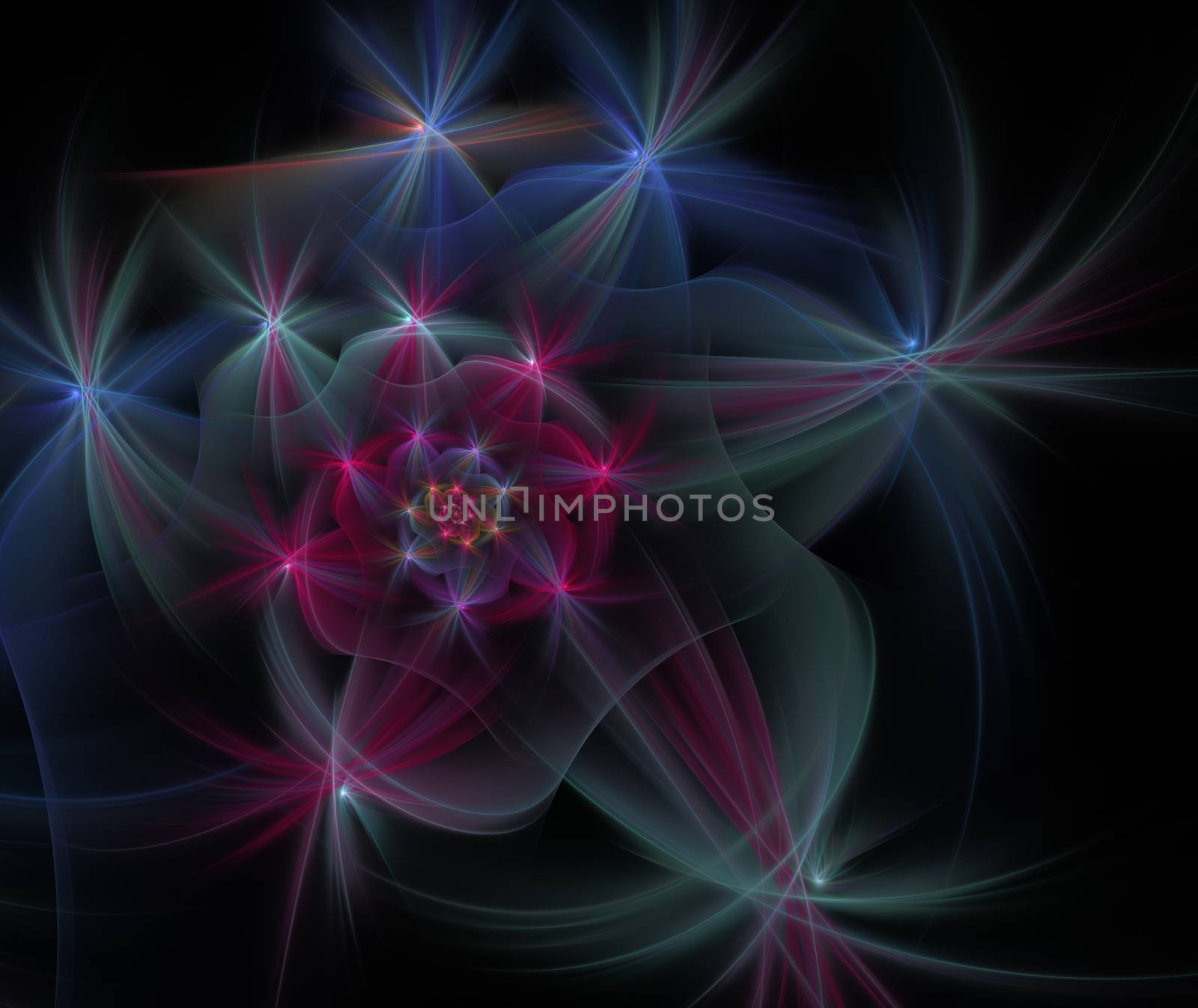 An abstract computer generated modern fractal design on dark background. Abstract fractal color texture. Digital art. Abstract Form & Colors. Bright underwater flower in the depths of the ocean