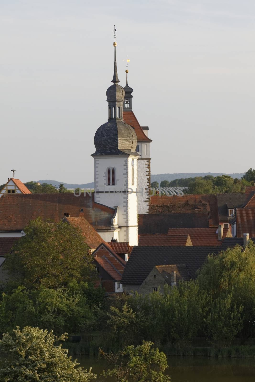 the city Prichsenstadt - Bavaria - Germany - City Tower and church - smalest city in Bavaria