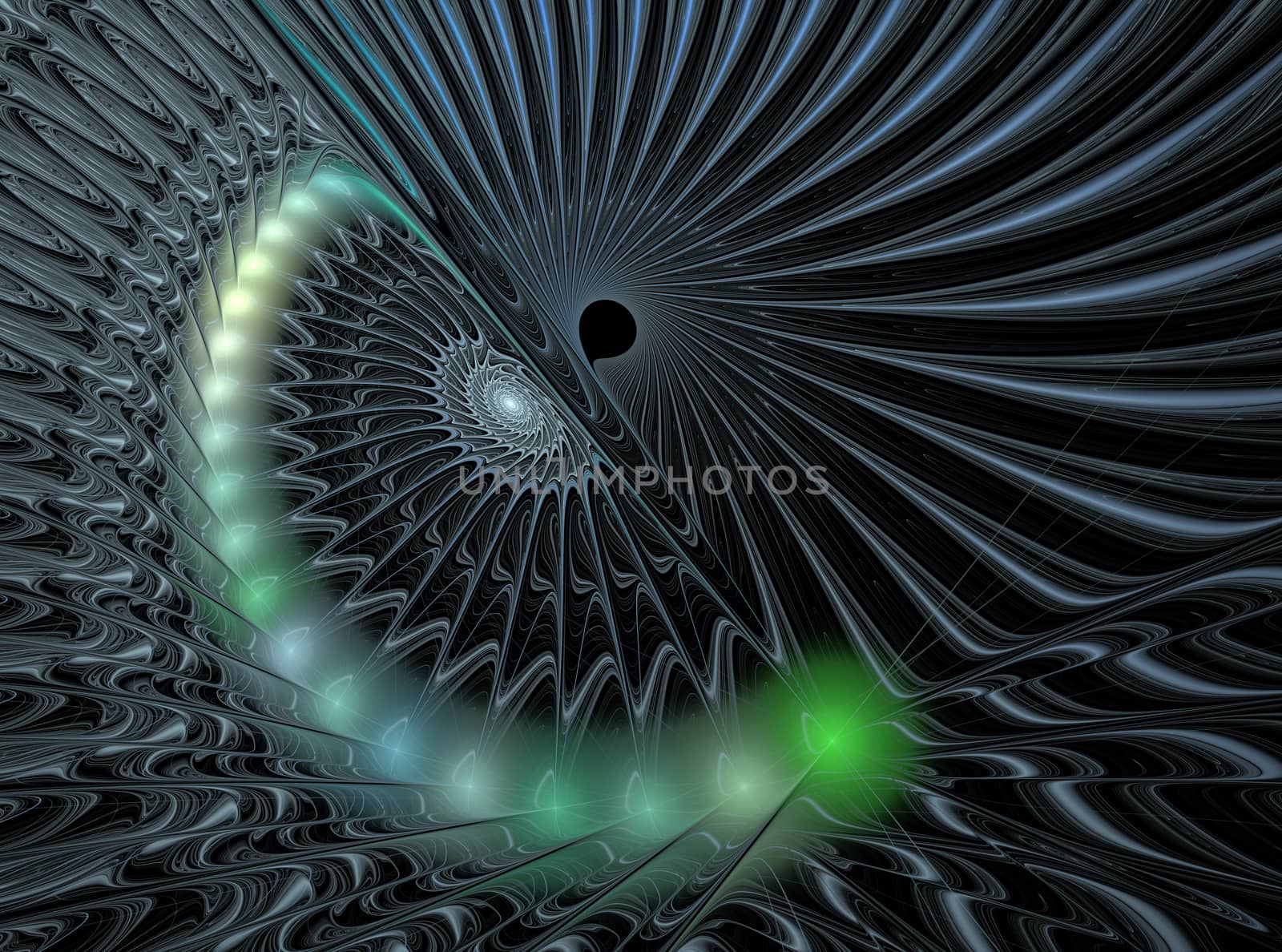 An abstract computer generated modern fractal design on dark background. Abstract fractal color texture. Digital art. Abstract Form & Colors. Grey shiny spiral pattern around black hole
