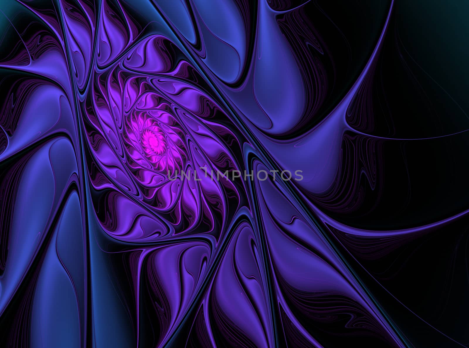 An abstract computer generated modern fractal design on dark background. Abstract fractal color texture. Digital art. Abstract Form & Colors. Blue twisted spiral flower