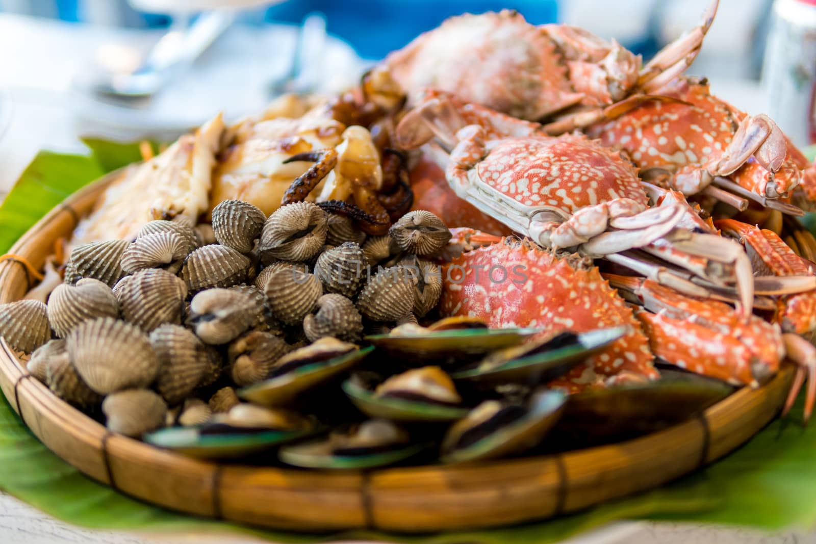 Seafood in a wooden tray prepared for customers