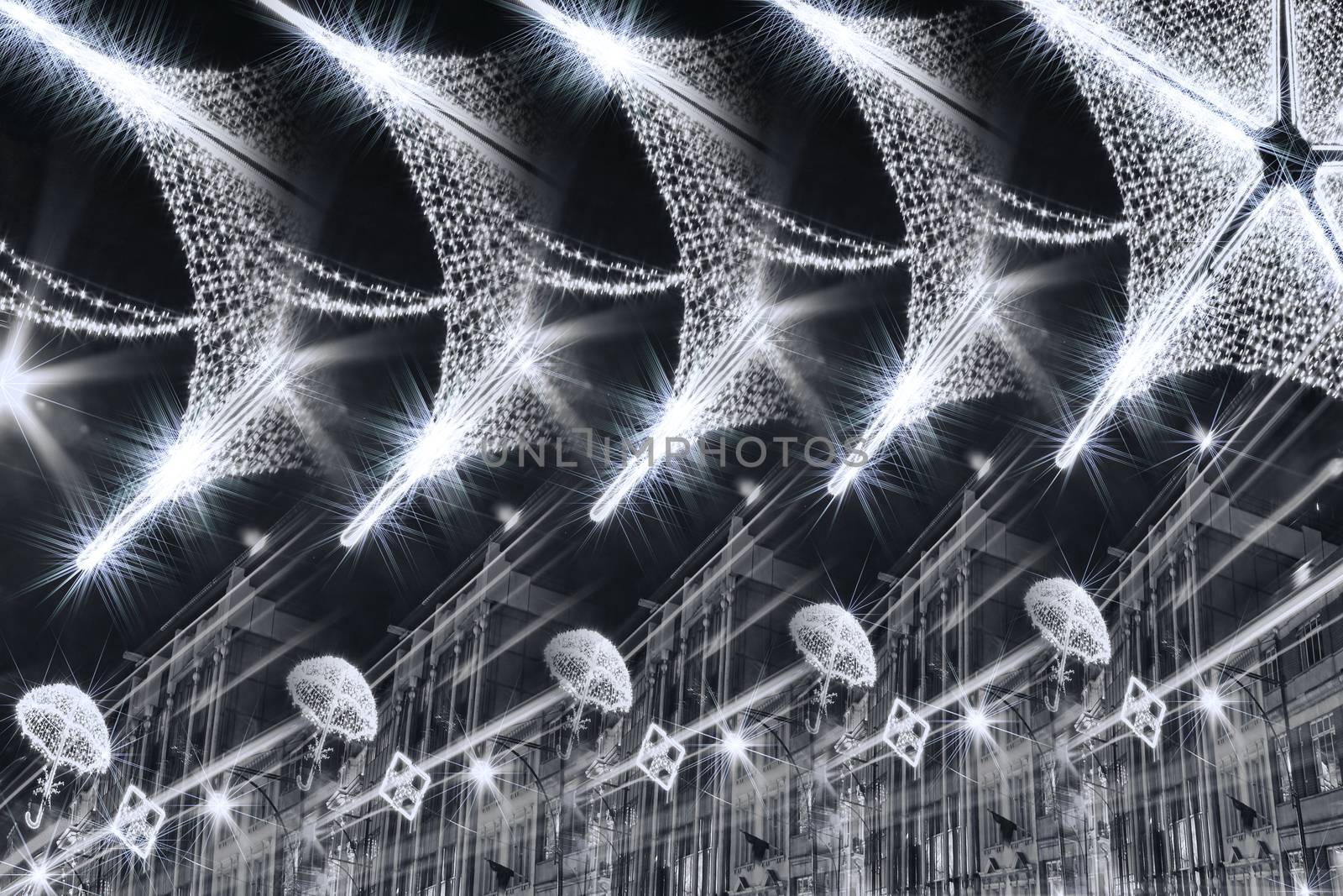 Abstract black and white image of  Christmas lights decorations in Oxford Street London England UK during the festive season in December stock photo