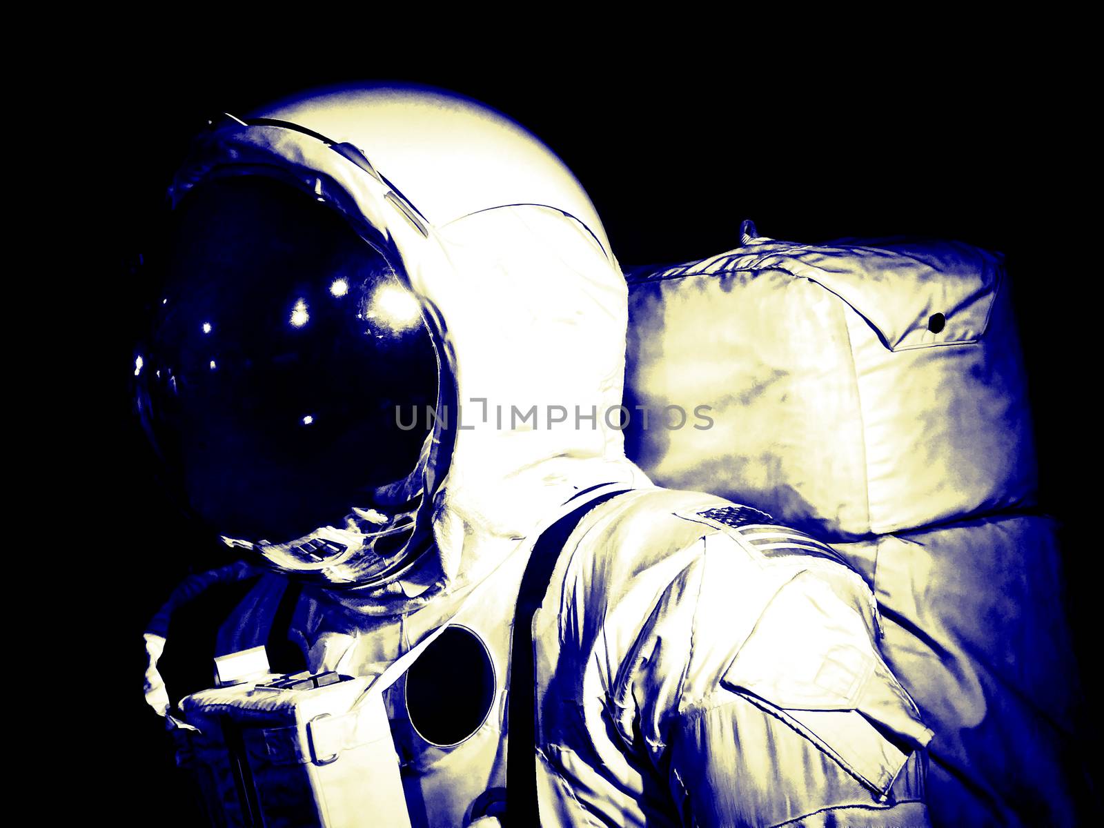 Astronaut spaceman spacesuit costume similar to those used in a space walk and the moon landing black and white toned image stock photo