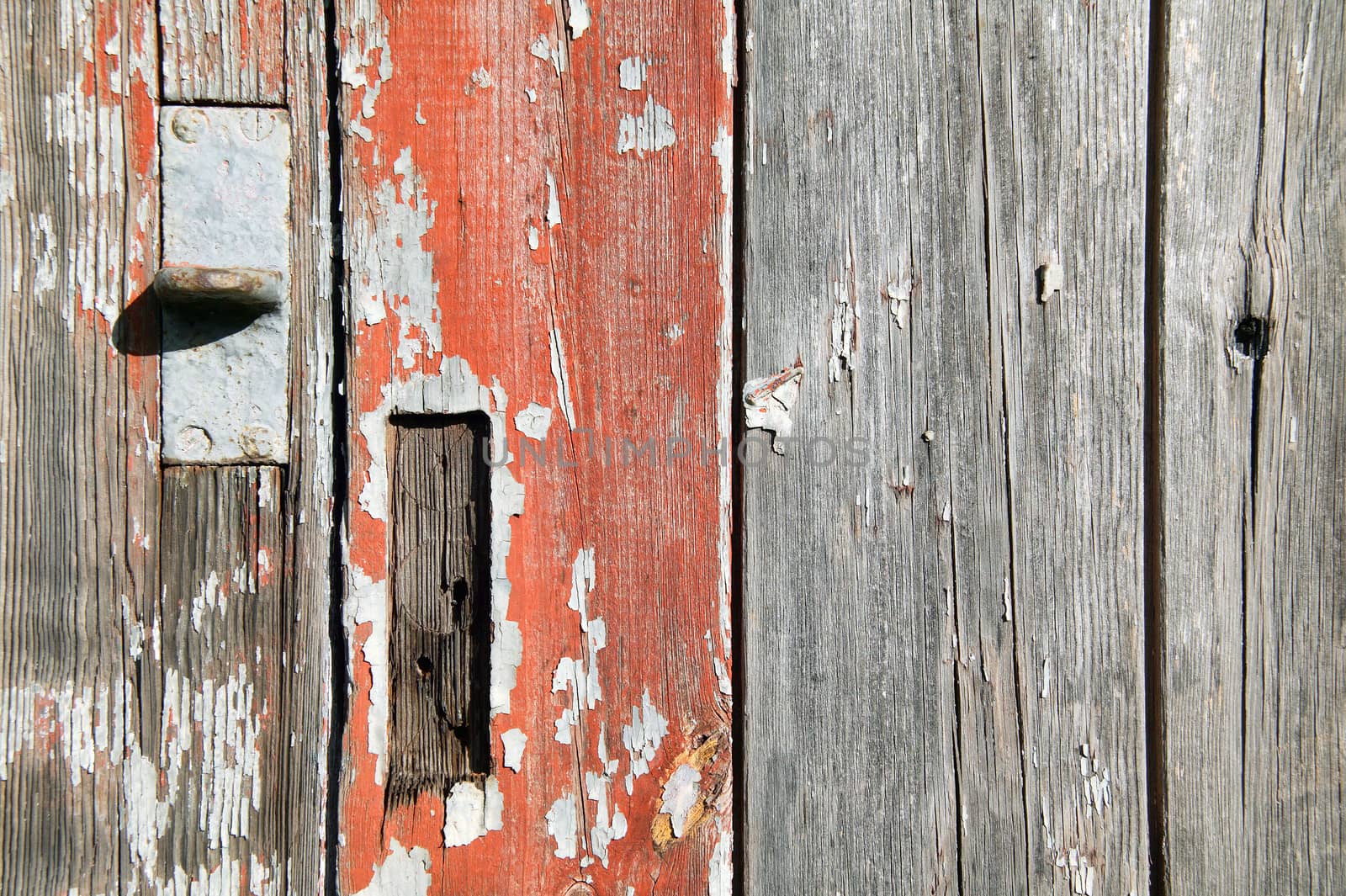 Old white painted weathered distressed iron and wood oak plank board background stock photo