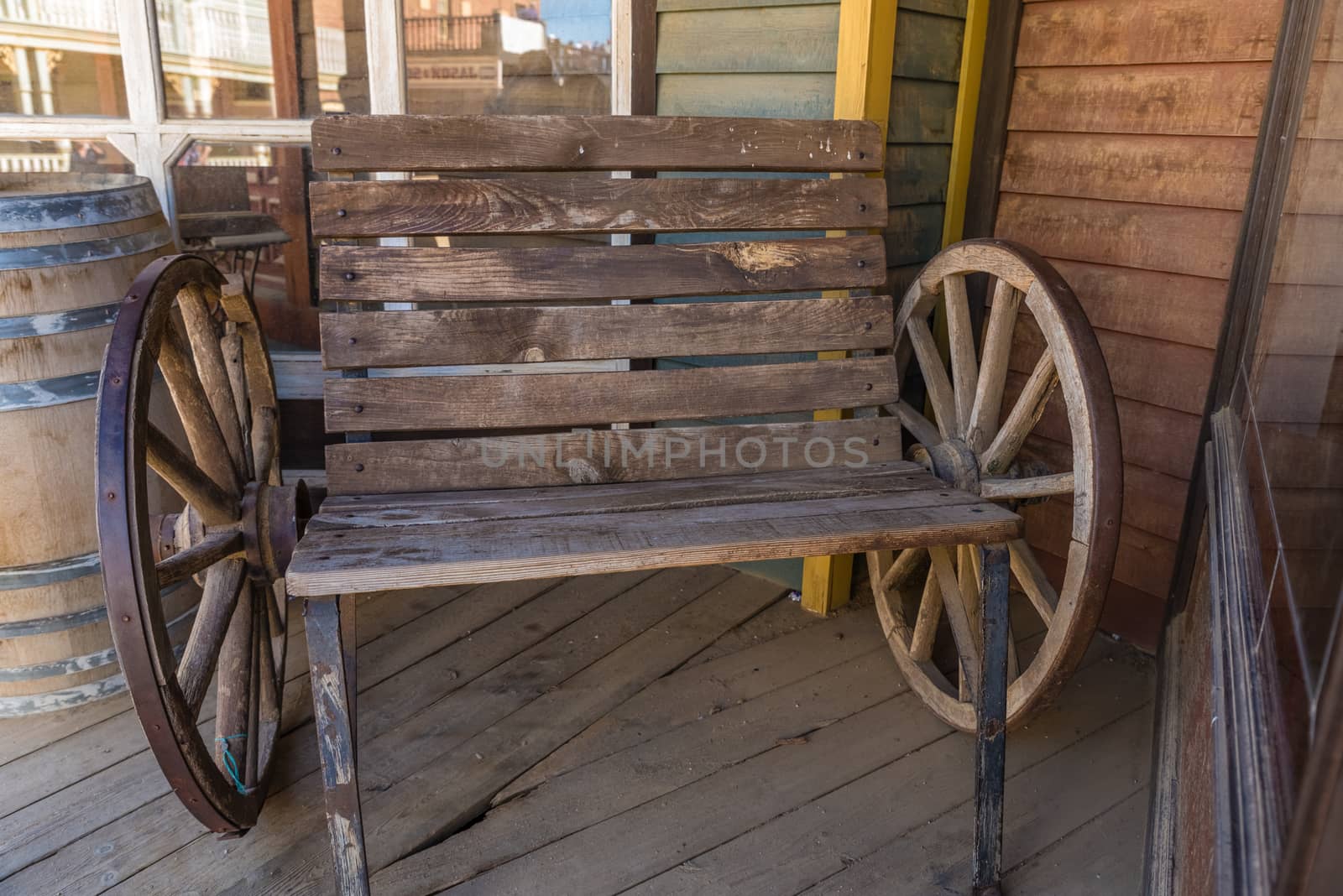 old wooden bench with wheels