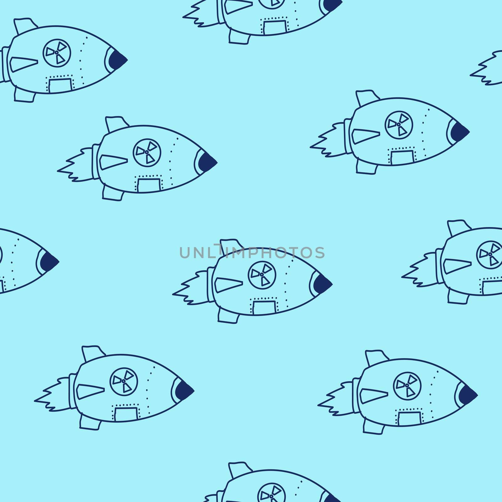 nuclear missile doodle. drawing blue line. Seamless pattern.