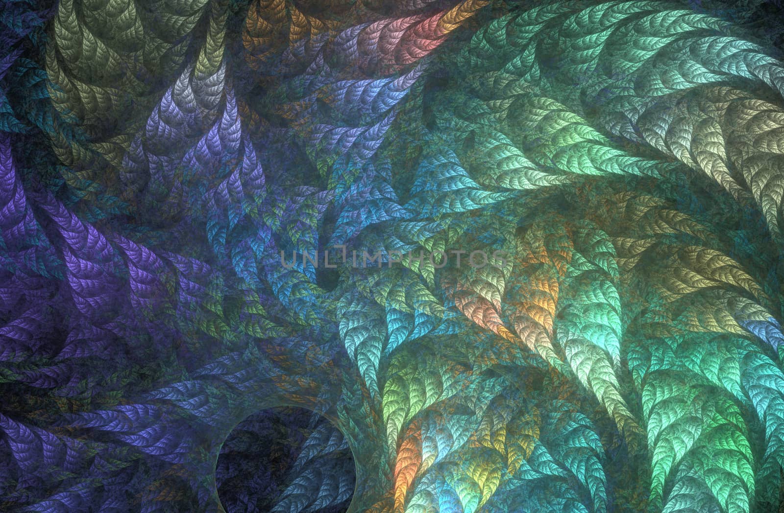 An abstract computer generated fractal design. Abstract fractal color texture. Rainbow foliage whirlwind