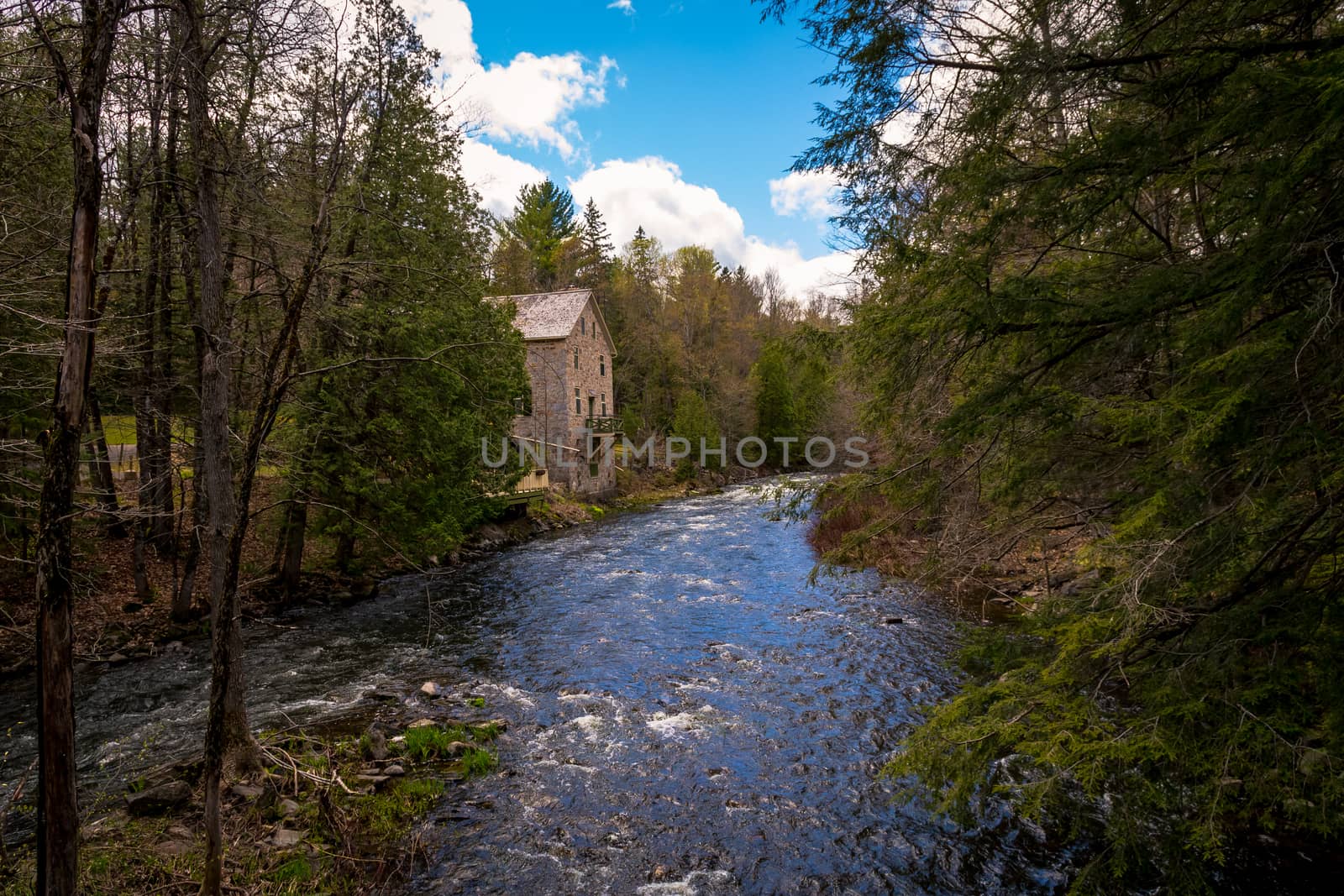 A river rushes past an old stone building in the spring, with whitewater rapids between evergreen and deciduous trees as it runs through the woods.