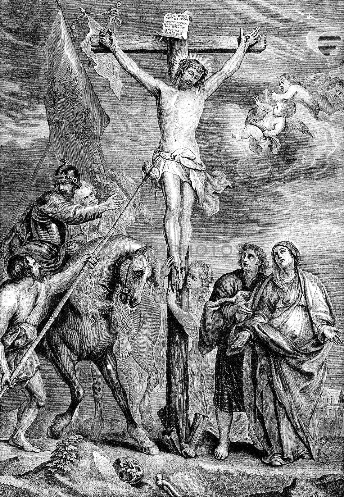 An engraved New Testament Bible Easter illustration image of  The Crucifixion of Jesus Christ  from a Victorian Bible dated 1883 that is no longer in copyright stock image