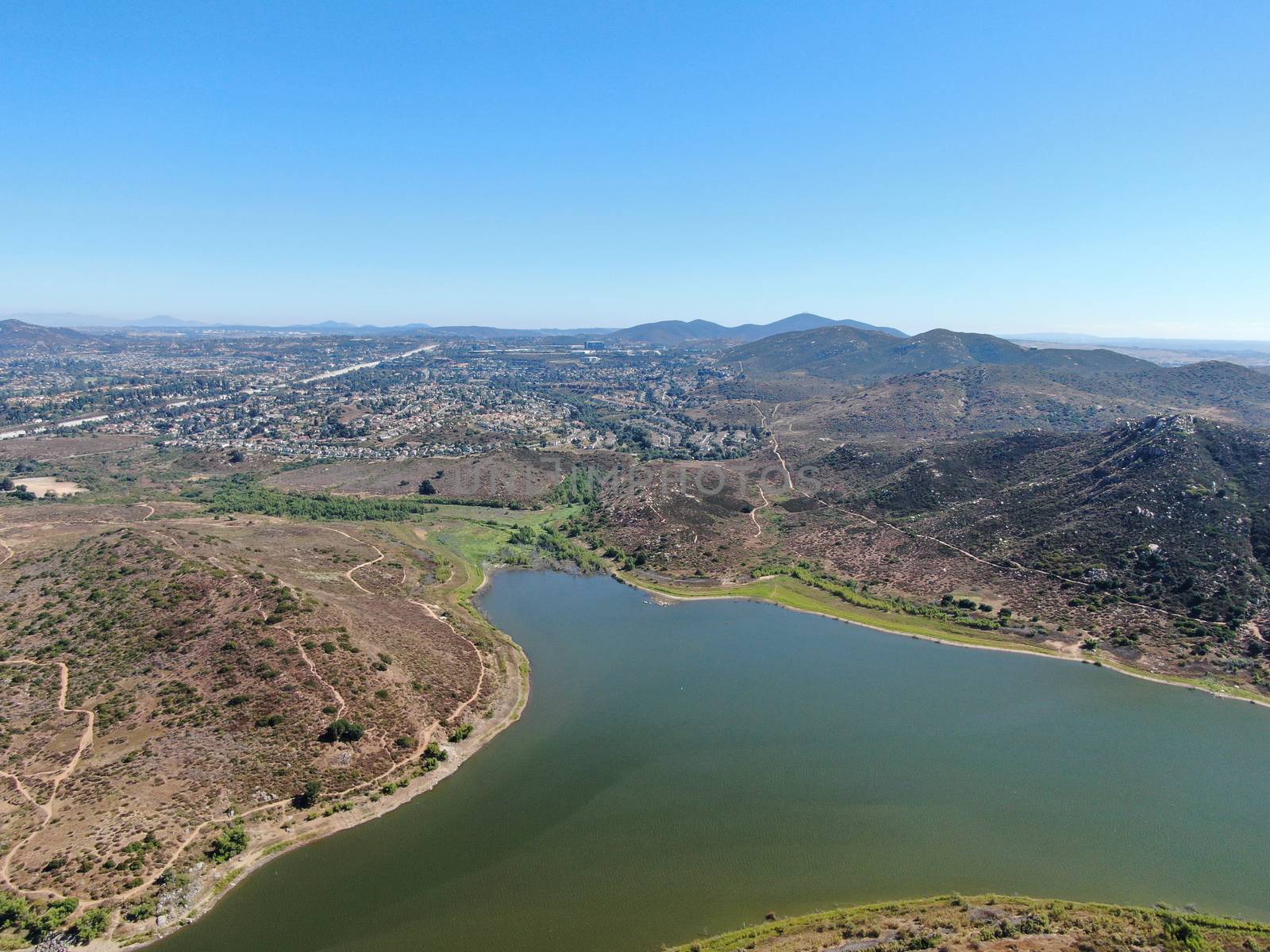 Aerial view of Inland Lake Hodges and Bernardo Mountain, great hiking trail and water activity in Rancho Bernardo East San Diego County, California, USA 