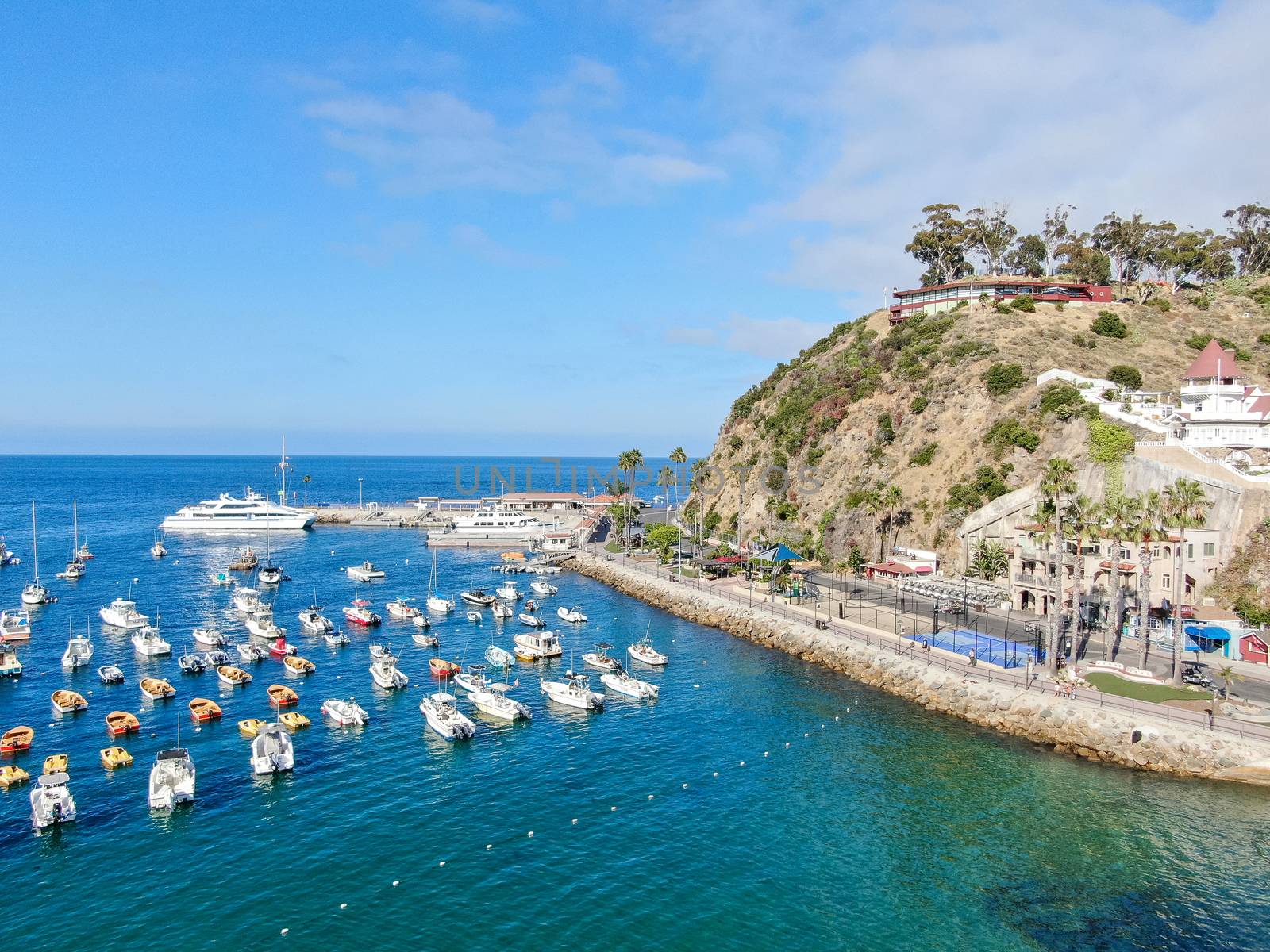 Aerial view of Avalon downtown and bay with boats in Santa Catalina Island, famous tourist attraction in Southern California, USA