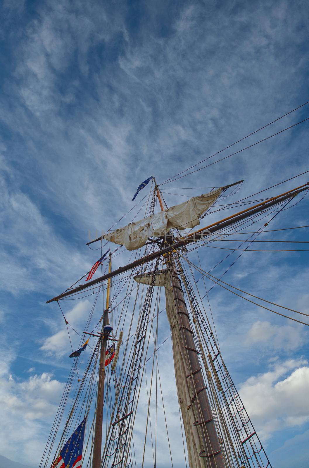 Details of the riggings on an old wooden tall ship