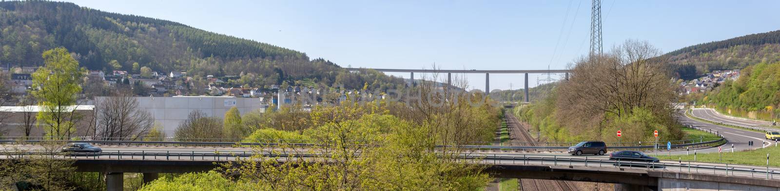 Panorama of the elevated road over a railway line