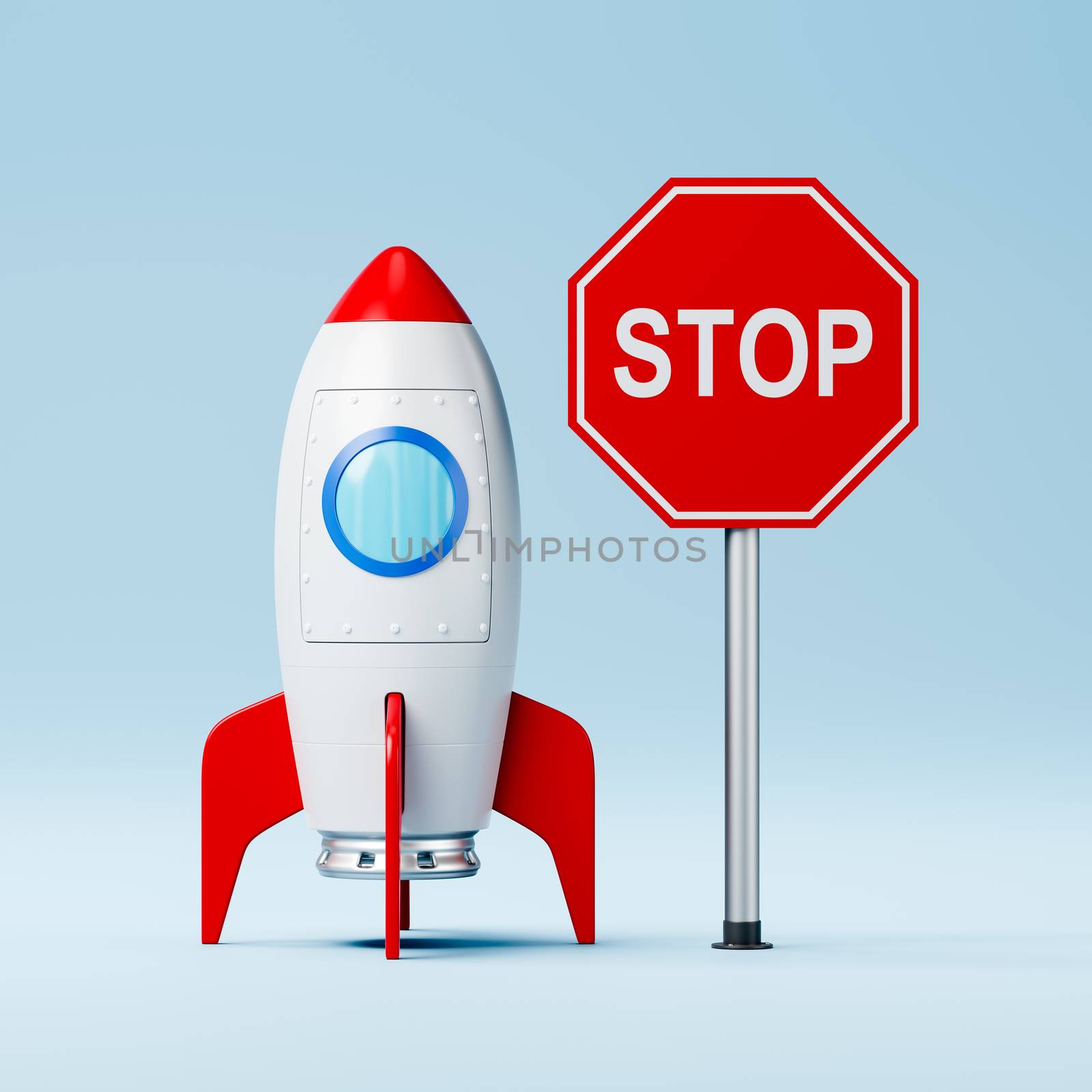 Red and White Cartoon Spaceship and Red Stop Road Sign on Blue Background 3D Illustration