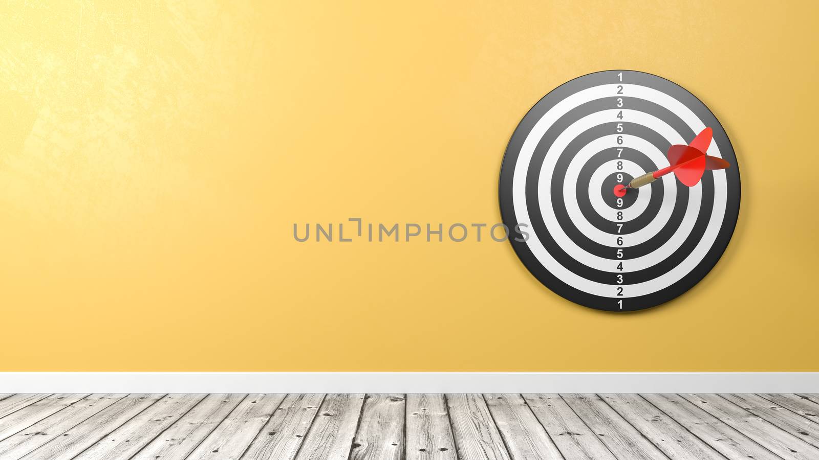 One Red Dart Hitting the Center of a Dartboard in a Wooden Floor and Yellow Wall Room with Copy Space 3D Illustration