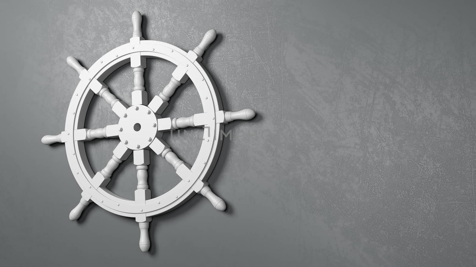White Wooden Boat Rudder Wheel Against a Dark Gray Plastered Wall with Copy Space 3D Illustration