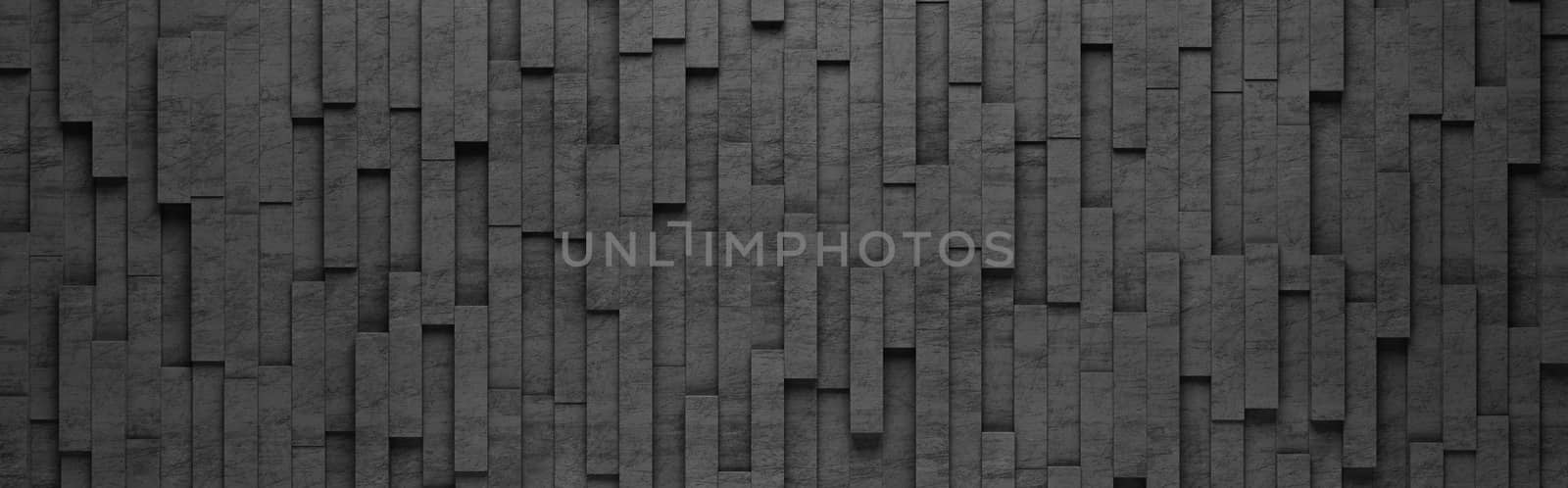 Wall of Black Vertical Rectangles Tiles Arranged in Random Height 3D Pattern Background Illustration