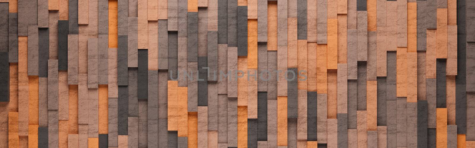 Wall of Orange Vertical Rectangles Tiles Arranged in Random Height 3D Pattern Background Illustration