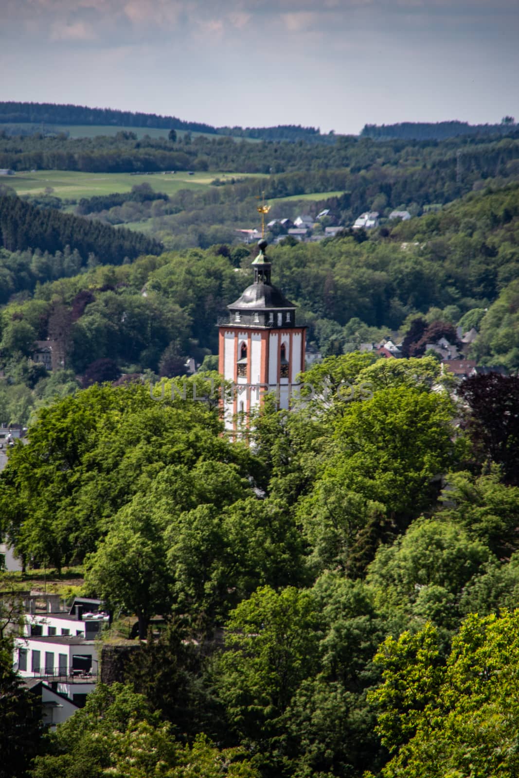 forested Siegerland with steeple in the trees