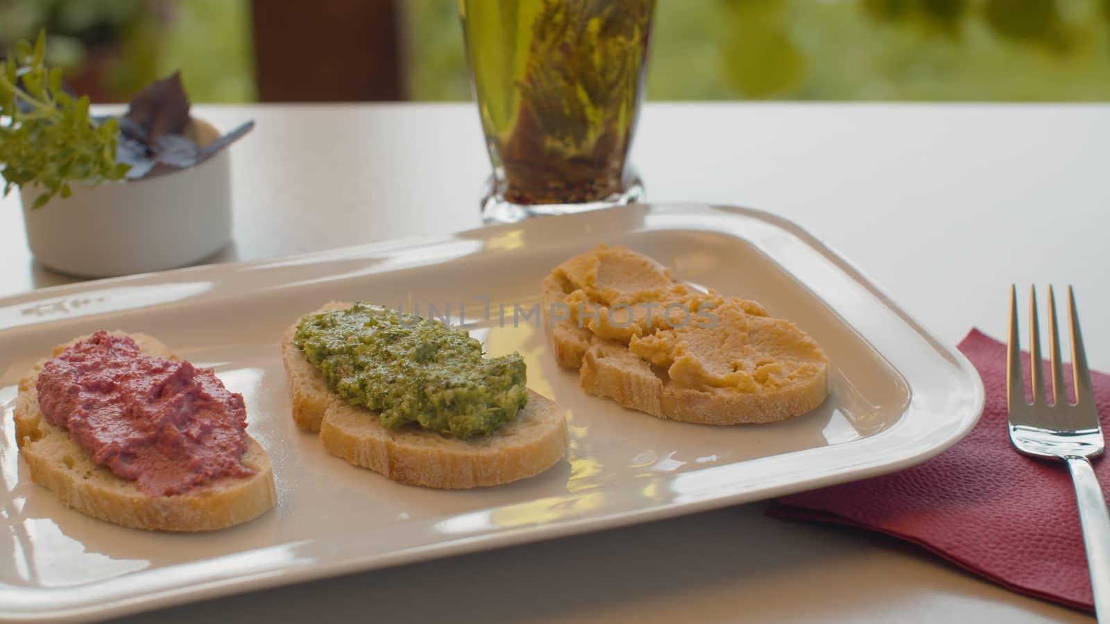 Three bruschetta with vegetable pate by Alize