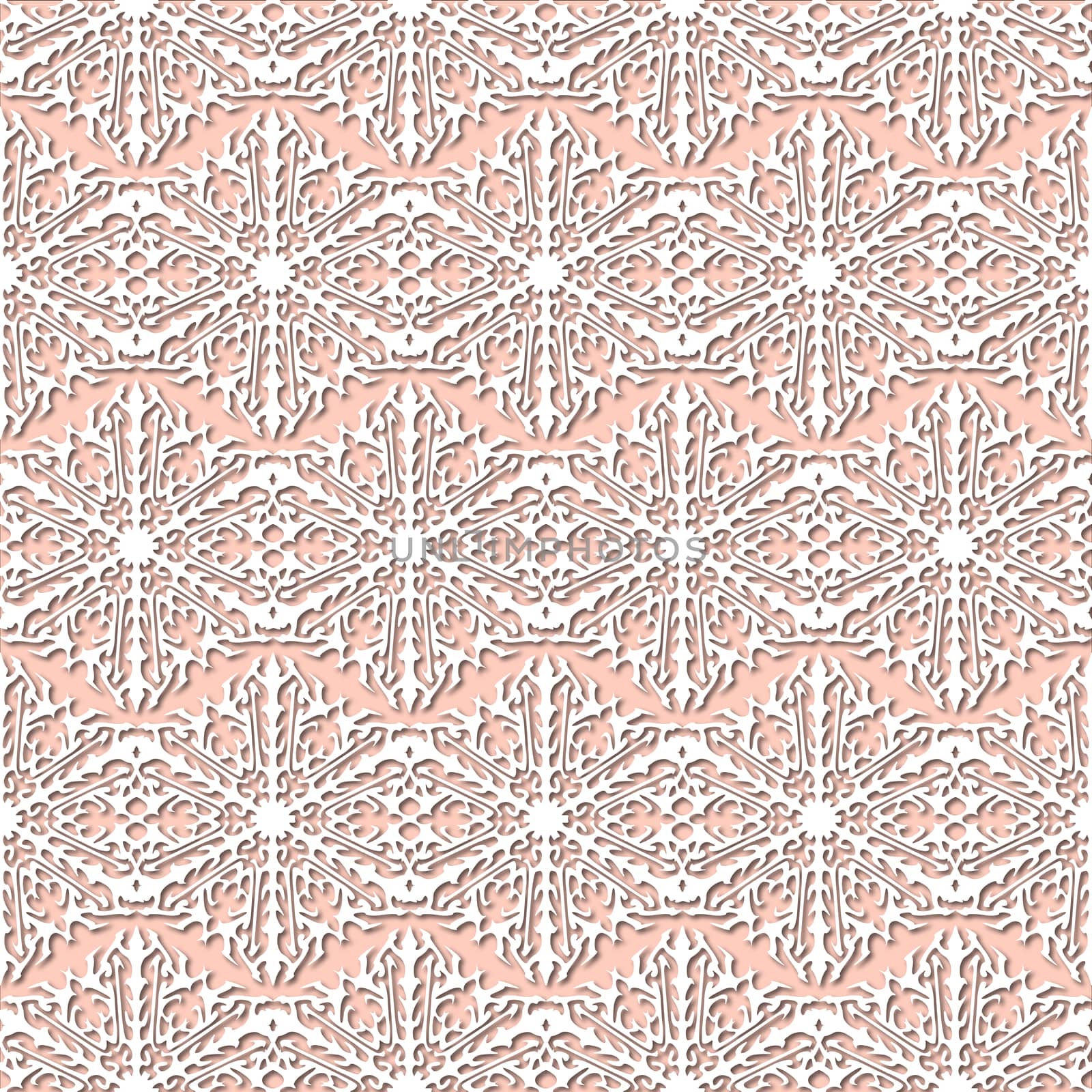 White snowflakes on pale pink, beige background, damask ornament seamless pattern. Paper cut style with drop shadows and highlights.