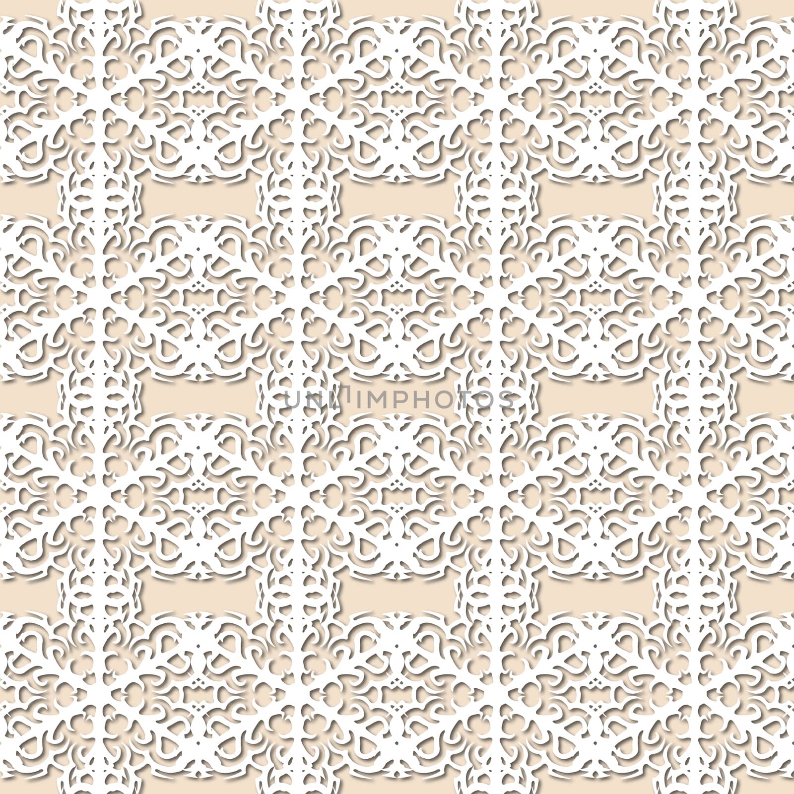 White snowflakes on pale pink, beige background, damask ornament seamless pattern. Paper cut style with drop shadows and highlights.