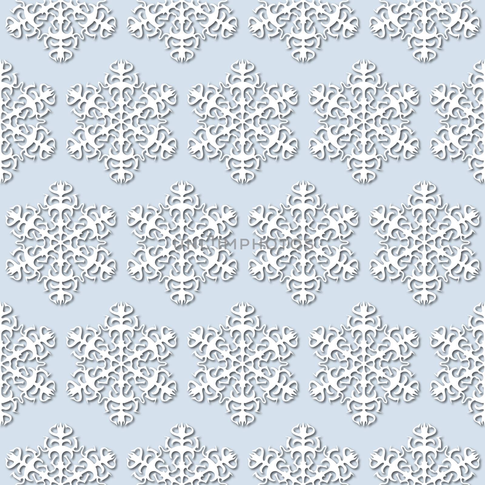 White snowflakes on pale blue background, seamless pattern. Paper cut style by Pashchenko