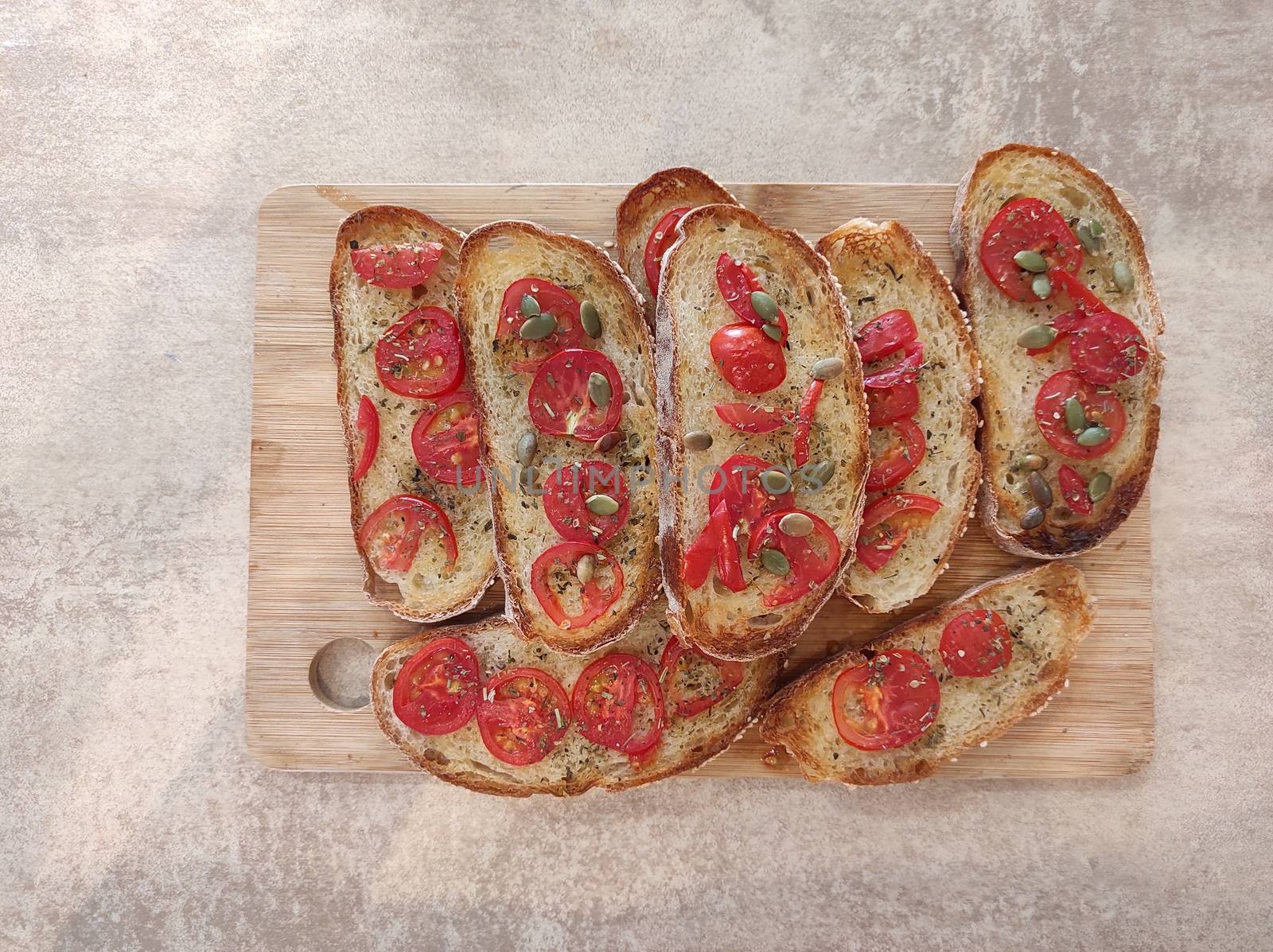 homemade sandwiches made from homemade bread, fresh tomatoes baked under the grill