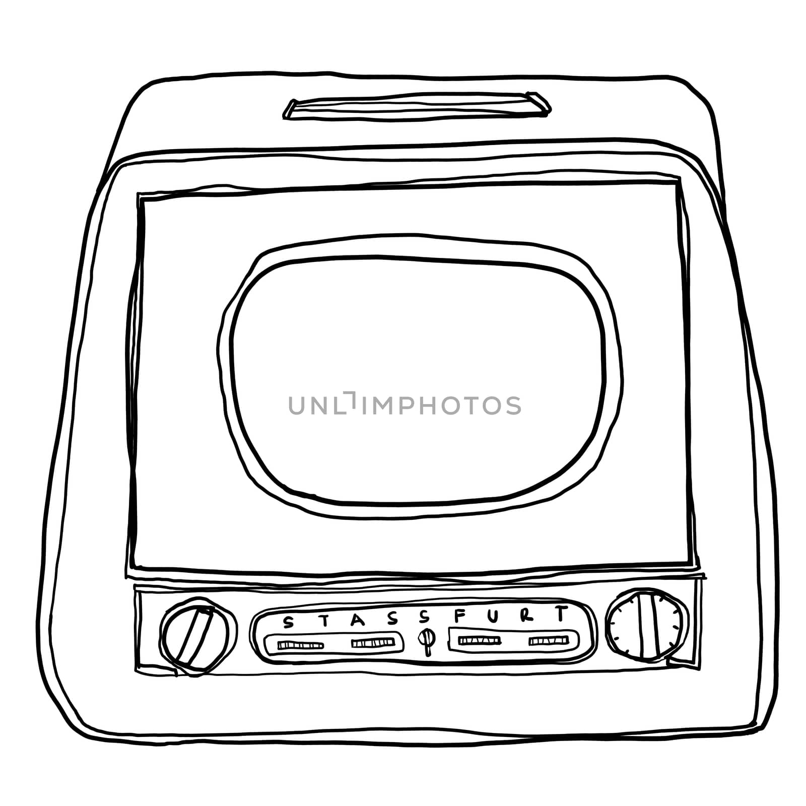 vintage tv with wooden case  on white background line art illustration