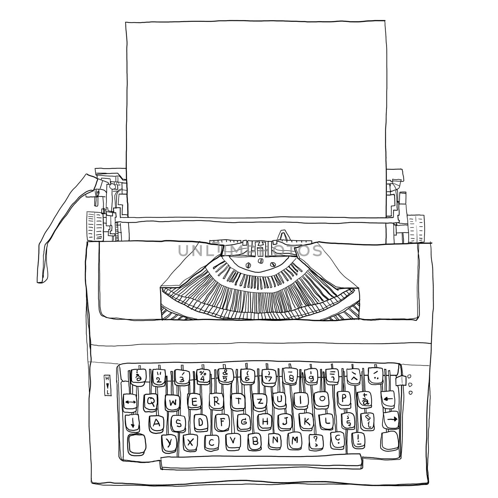 vintage  Blue Typewriter with paper line art illustration