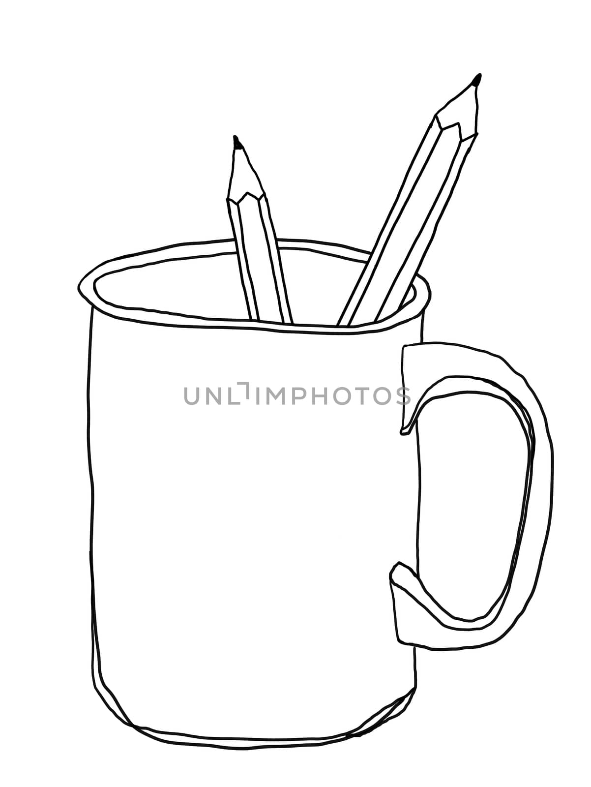 cup stoneware mug and pencil cute line art illustration