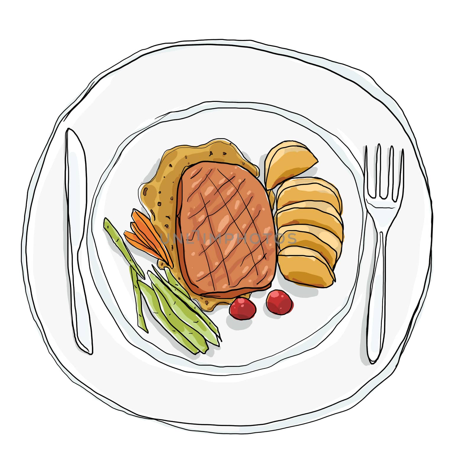 steak in dish cute art illustration