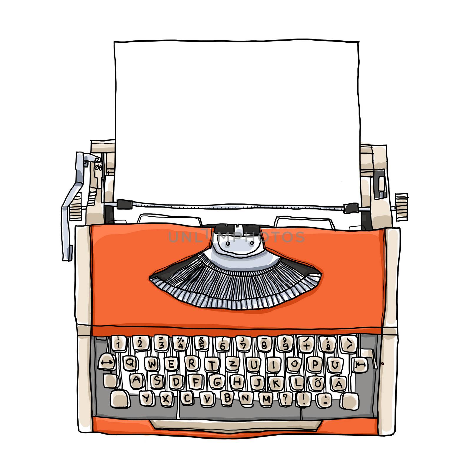 Orange Typewriter vintage with paper art illustration