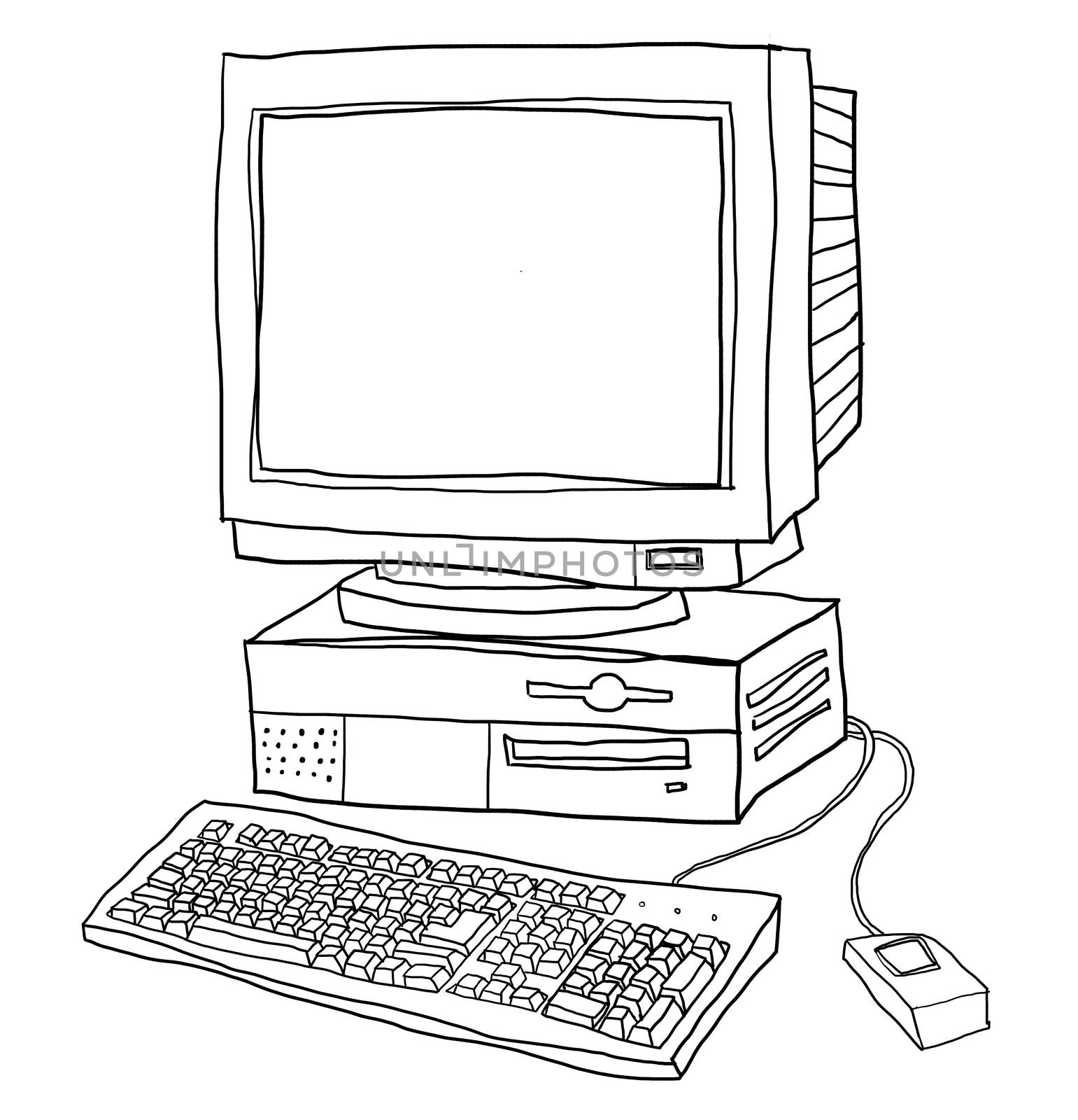 old computer desktop  cute line art illustration 