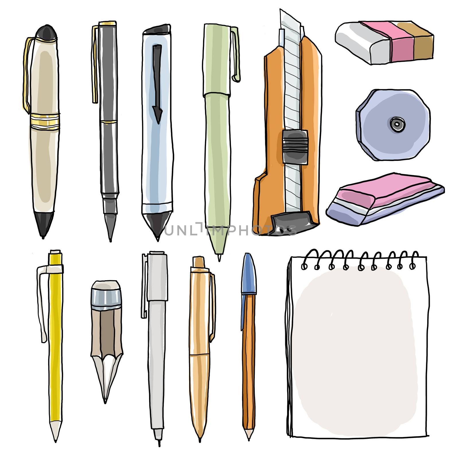 office supplies  pencil pens cutter eraser art illustration by paidaen