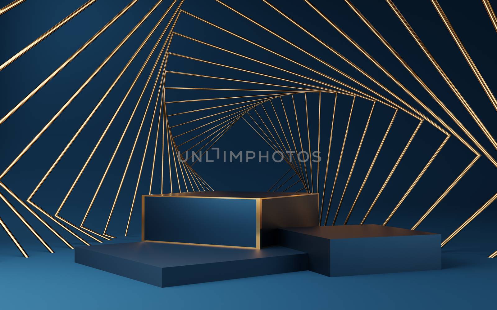 Empty blue cube podium with gold border and gold square on blue background. Abstract minimal studio 3d geometric shape object. Mockup space for display of product design. 3d rendering.