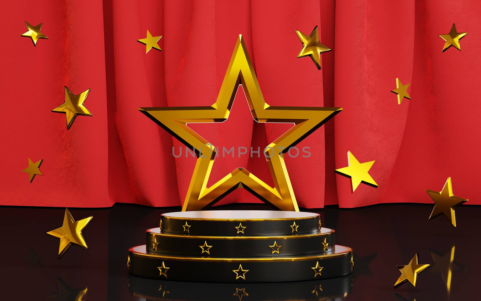 Black podium and gold star pattern with big gold star on red curtain. Award podium star gold. contest stage.