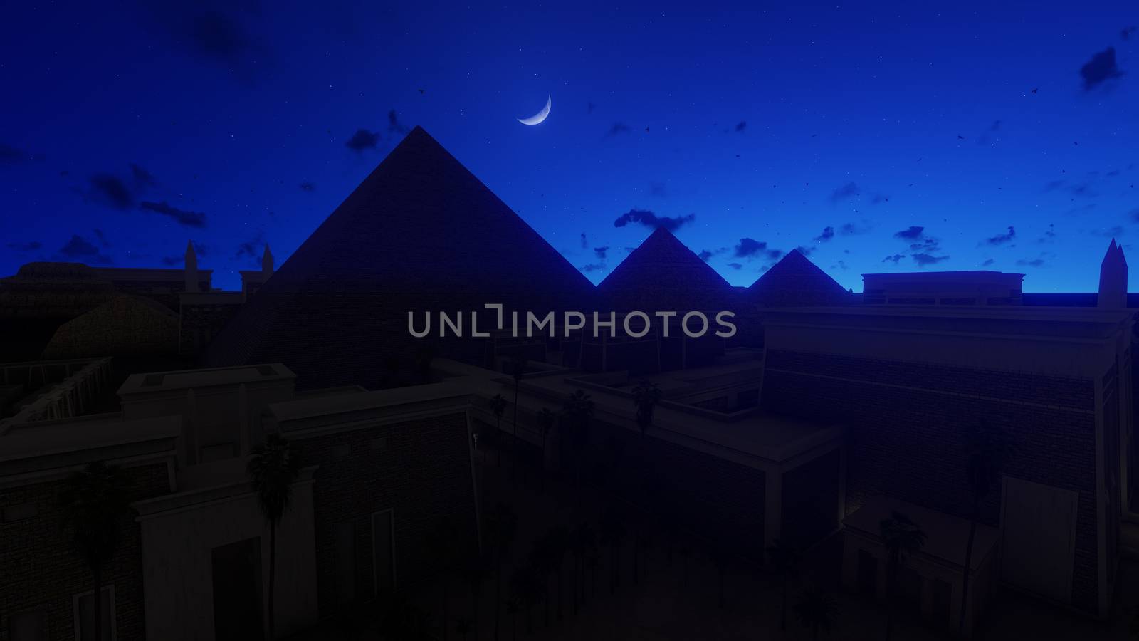 The Great Pyramids at Giza against starry sky, Cairo Egypt