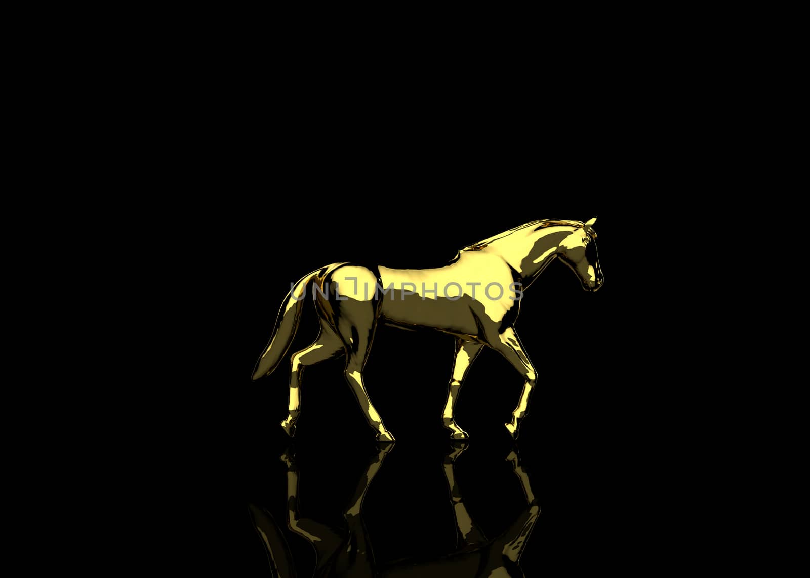 Golden Horse on black reflective floor by pixelfootage